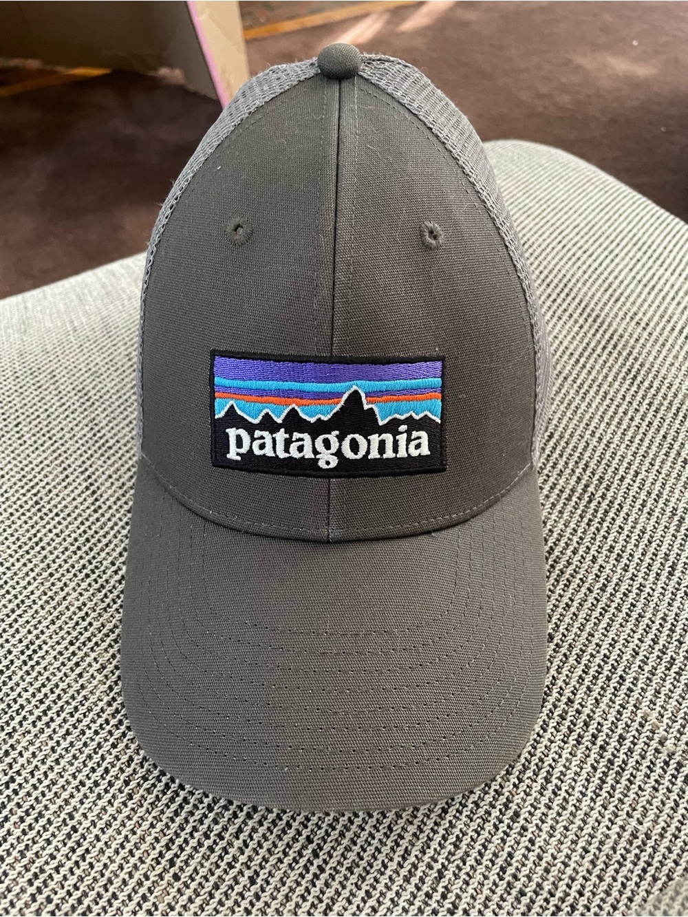 Patagonia Mens Dark Gray Trucker Hat with Blue & Purple Logo